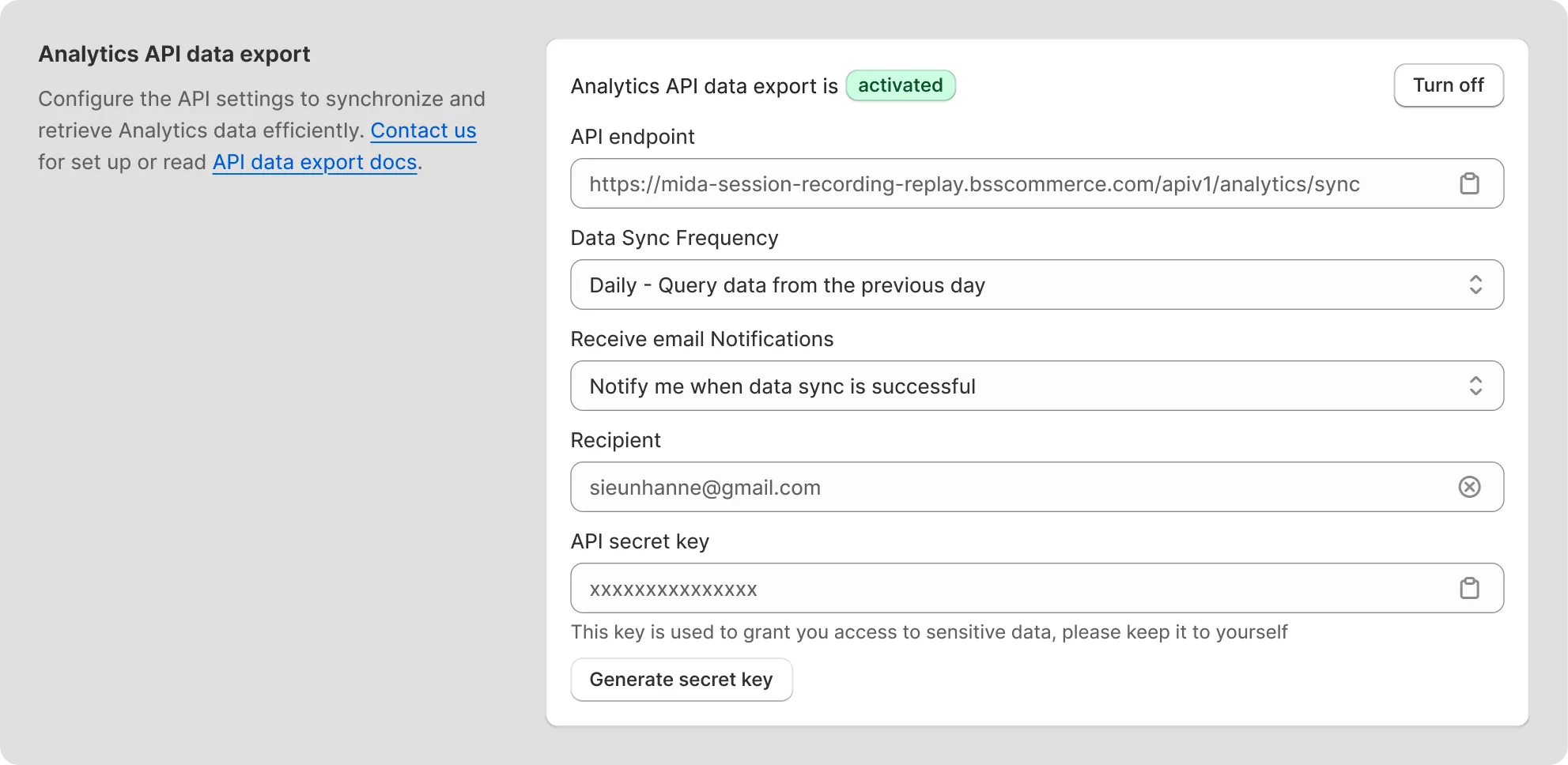 API Data export settings